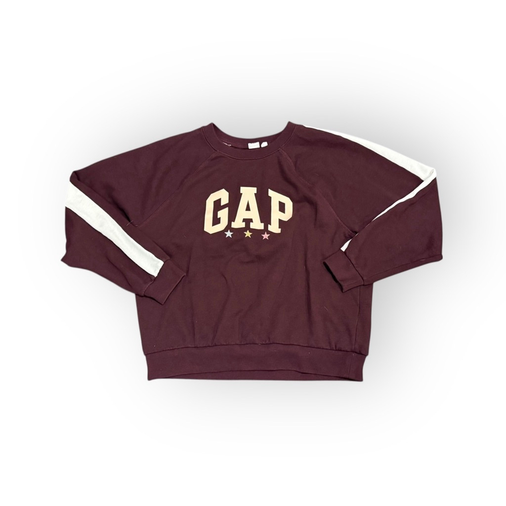 GAP Women’s Cropped Sweatshirt Small Burgundy Maroon Varsity Logo Stars Crewneck - Picture 2 of 8